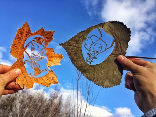 Художник дарит листьям вторую жизнь, вырезая на них силуэты (23 фото)