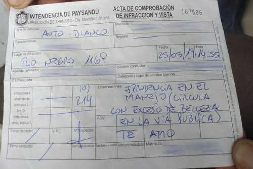 В Уругвае дорожный инспектор оштрафовал женщину-водителя за чрезмерную красоту на дорогах общественного пользования
